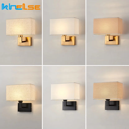 American Style Fabric Wall Lamp E27 LED Modern Simple Square Bedroom Bedside Light Hotel Room Aisle Decor Wall Scones Fixtures