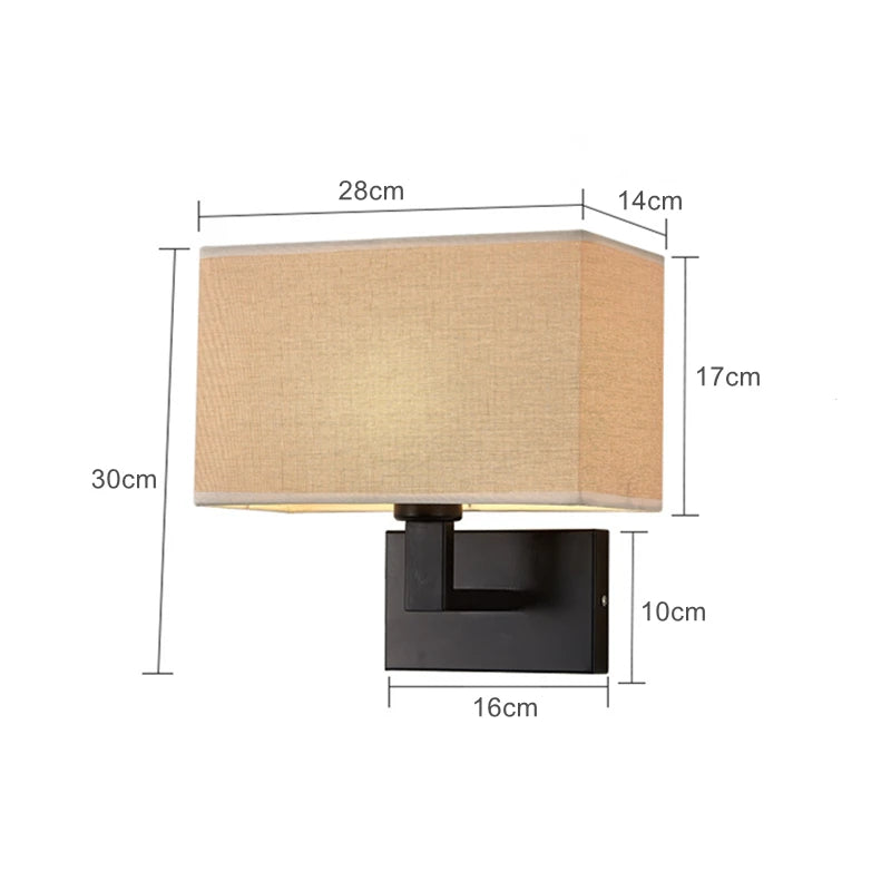 American Style Fabric Wall Lamp E27 LED Modern Simple Square Bedroom Bedside Light Hotel Room Aisle Decor Wall Scones Fixtures