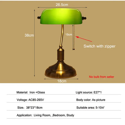 Bank Table Lamp European Style Glass Lamp Retro Office Desk Lamp Antique Copper Living Room Bedroom Decorative Bedside Desk Lamp