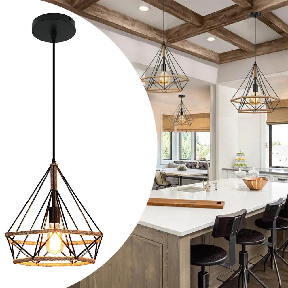 E27 Industrial Lighting Loft Pendant Light Vintage Lamp Shade Loft Coffee Bar Kitchen Hanging Pendant Light Metal and Hemp Rope